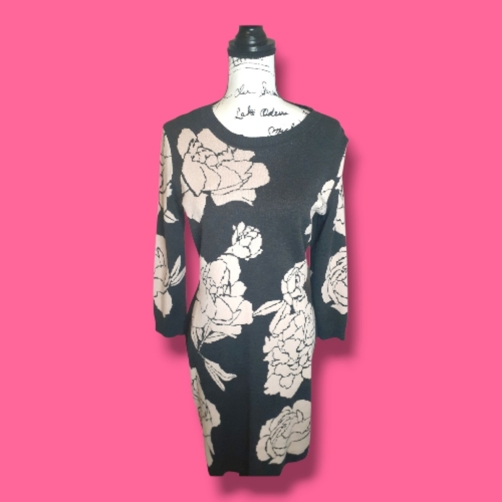 LIKE NEW Calvin Klein Sweater Dress Floral Design Gray Pink Size Large